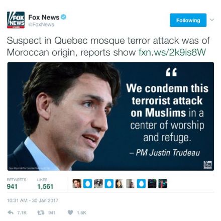 Canadian Prime Minister's office asks Fox News to retract 'misleading' tweet about Quebec mosque shooting