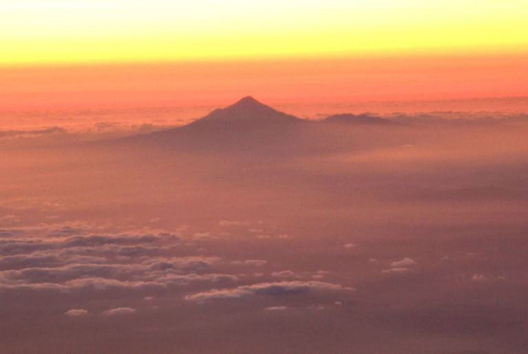 Mt Taranaki at sunset taken from 19,000 ft on a Air NZ flight from Wellington