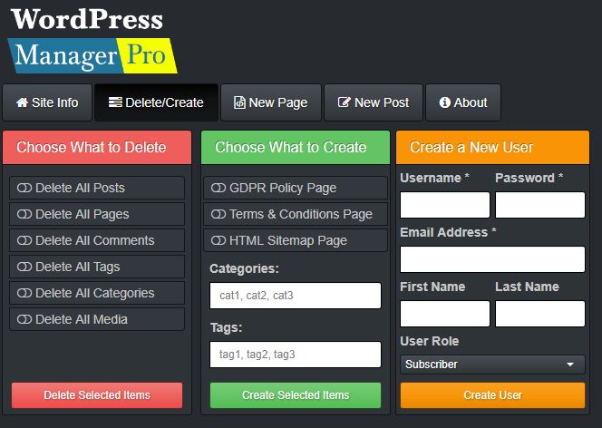 Wordpress Manager Pro Interface