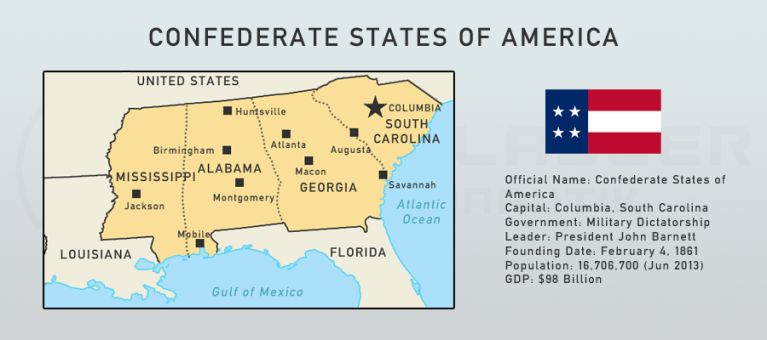 A small map of the Confederate States of America in modern times; more or less a banana republic.
