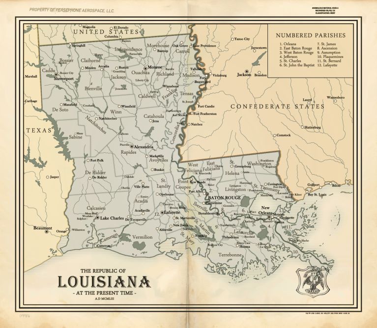 Map of the Republic of Louisiana in the Dixie world, a nation that rivals the Netherlands in reclaiming the ocean.