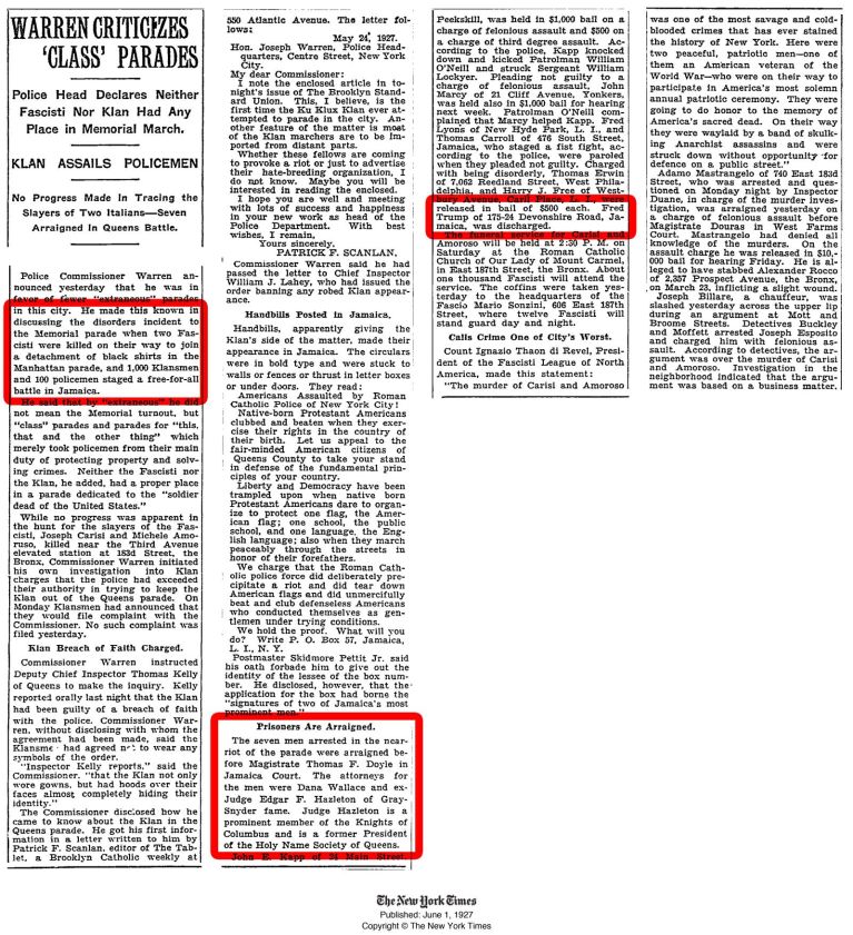 According to a New York Times article published in June 1927, a man with the name and address of Donald Trump's father was arraigned after Klan members attacked cops in Queens, N.Y.