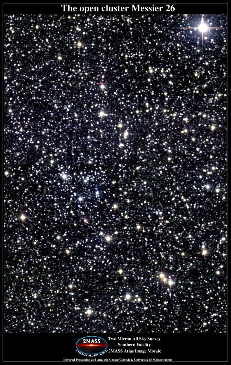 M26 is a tight cluster with a magnitude of about 8.0. <br />
<br />
Image credit: Two Micron All-Star Survey (2MASS)<br />
