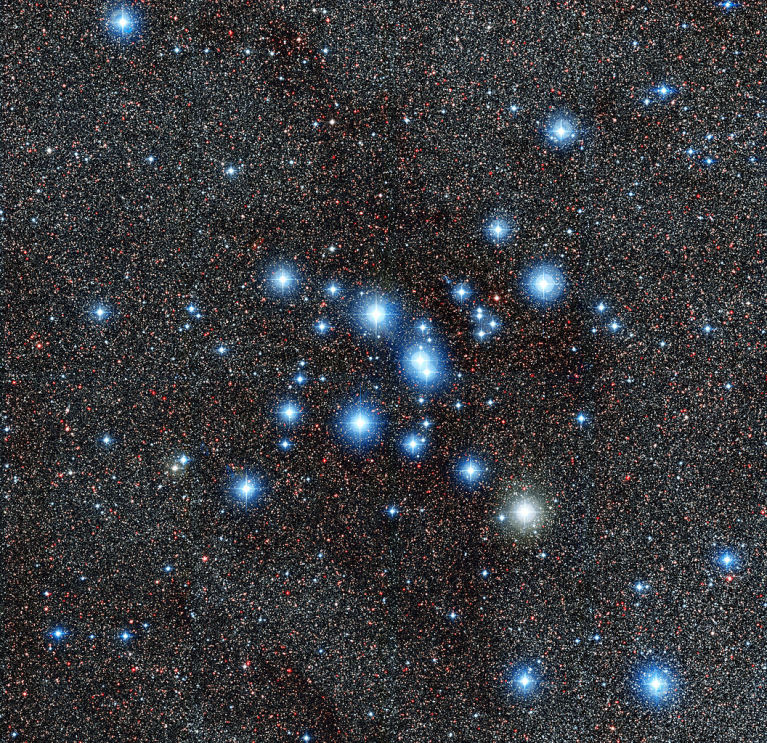 Around 80-100 stars make up this cluster which is 800-980 light years away.