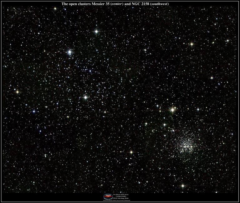 M35 was discovered in the 1740s by Philippe Loys de Chéseaux and again by John Bevis before being cataloged by Messier. <br />
Image credit: Atlas Image mosaic obtained as part of the Two Micron All Sky Survey (2MASS)