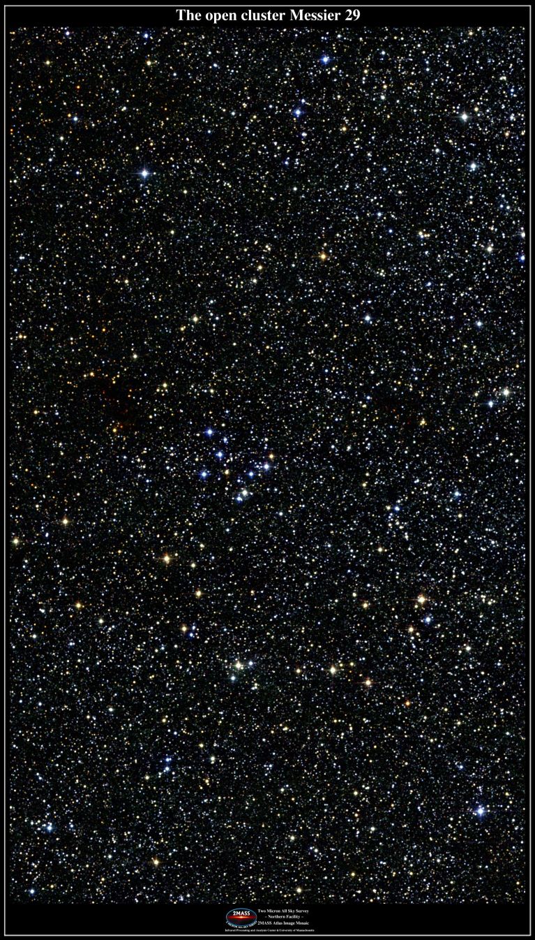 The brightest stars of M29 are spectral type B0. The cluster is moving toward us at 28 km/s and it is quite slender measuring about 7 arc-minutes across.<br />
<br />
Image credit: 2-Micron-All-Sky-Survey