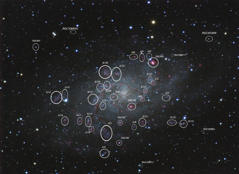 Annotated image showing the various objects located within M33. 
