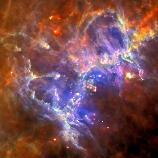 Composite far-infrared and x-ray images allow a look inside the pillars and structures of the nebula as well as showing hot young stars. 