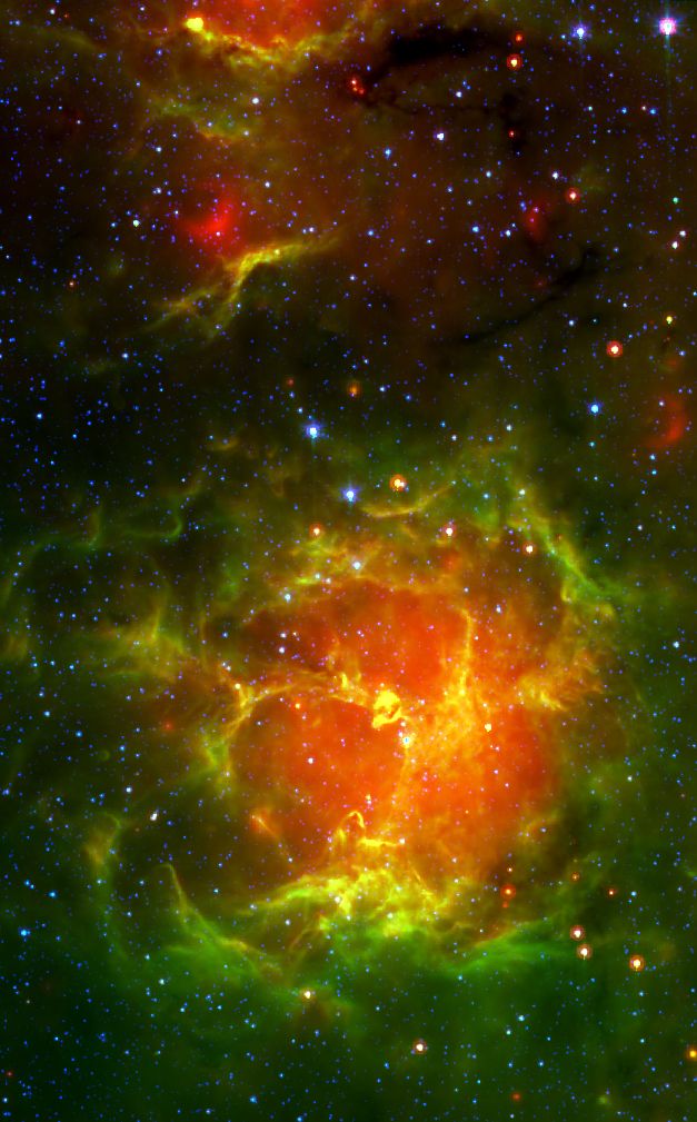 Trifid Nebula as seen in infrared. Image credit: Trifid 3.6 8.0 24 microns spitzer