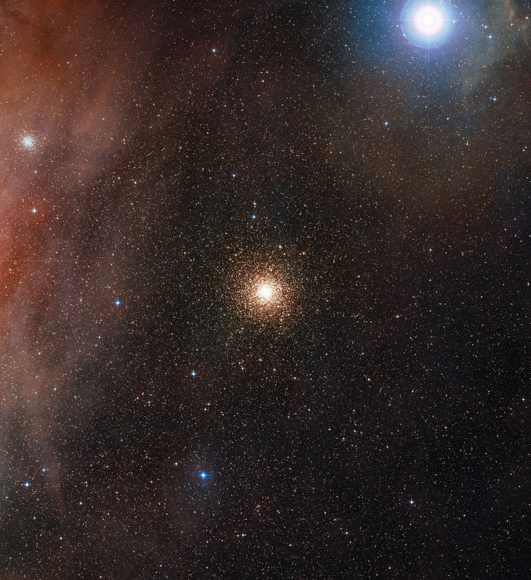 Color composite from Digitized Sky Survey 2 showing M4, NGC 6144 in the upper left, glowing red hydrogen clouds and Sigma Scorpii in the upper right. 