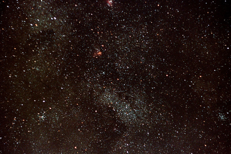M24 is the large patch of stars at the bottom. Also visible in this picture are: open clusters M25 to the bottom left, M23 to the bottom right, M16 is the nebula at the top and M17 is the nebula toward the middle. <br />
Image credit: Jim Mazur of Skyledge, via http://www.skyledge.net/Messier24.htm