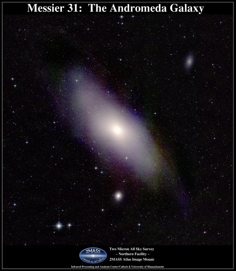 M31 is approaching us at 300 km/s and has a star count of one trillion. <br />
<br />
Image credit: Atlas Image  courtesy of 2MASS/UMass/IPAC-Caltech/NASA/NSF
