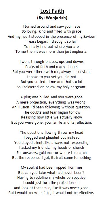 I used to be very religious. This poem was written to depict some of the emotions I felt over the period when I realised I was losing my belief in god.