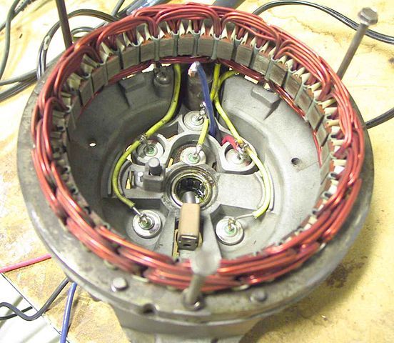 One half of an alternator. The coils of wire around the perimeter form the stators, and each of those little guys in the center connected to a wire is a diode. The other half you don't see holds the rest of the housing containing the magnet, which is connected to a pulley run by the engine belt.