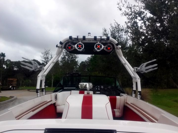Rear view of the finished install. Each hanging speaker set has a 6.5" component set with a 5.25" speaker on the side that can rotate to play down into the boat if desired.