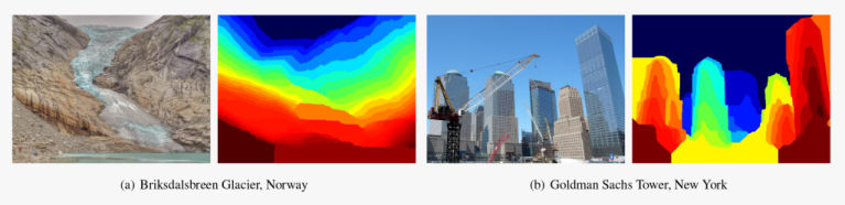 Reference image and computed depthmap for Briskdalsbreen Glacier and Goldman Sachs Tower scenes. Warmer colors represent pixels closer to the camera. UNIVERSITY OF WASHINGTON; GOOGLE INC.