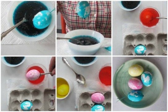 MARBLED EGGS<br />
Choose your dye; this can be regular dye or a natural dye. To create a marbled effect, fill plastic or glass cups with 1/2 cup water, 2 Tbsp. white vinegar, 1 Tbsp. vegetable oil, and the dye. The separation of oil in the liquid will create a marbled effect. Use a spoon to move the egg around and coat in the liquid.<br />
<br />
 