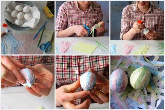 PAPERED EGGS<br />
Here, you can use different colored tissue papers or buy soft white sheets of tissue or onion skin paper and color the sheets in with colors you choose; either way, it just needs to be soft, bendable/moldable paper. Then, fold the paper and cut it into strips about 2 inches long. The strips can be irregular — they do not have to be perfect. Use a glue stick to guide a line for the first strip and continue until the egg is covered in lines of color. I alternated colors here, but you can do it all one color, whatever you like. I like the texture of the hand colored paper;  it feels more organic, but that’s just me!