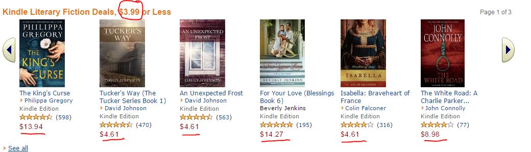 Literary fiction of $3.99 or less, not exactly less than $3.99