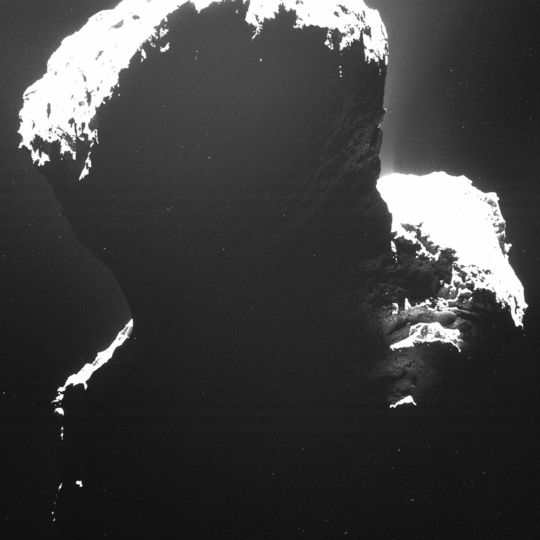 A rare glance at the dark side of comet 67P/Churyumov-Gerasimenko. Light backscattered from dust particles in the comet’s coma reveals a hint of surface structures. This image was taken by OSIRIS, Rosetta’s scientific imaging system, on September 29th, 2014 .