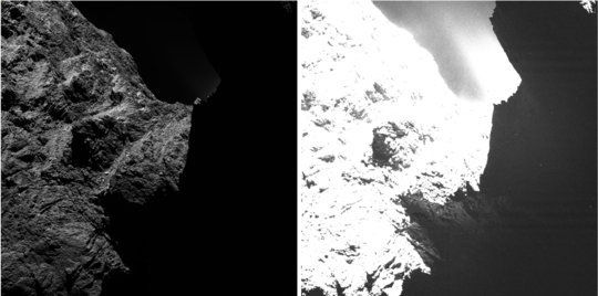 An image of comet 67P/Churyumov-Gerasimenko obtained on October 30th, 2014 by the OSIRIS scientific imaging system from a distance of approximately 30 kilometers and displayed with two different saturation levels. 