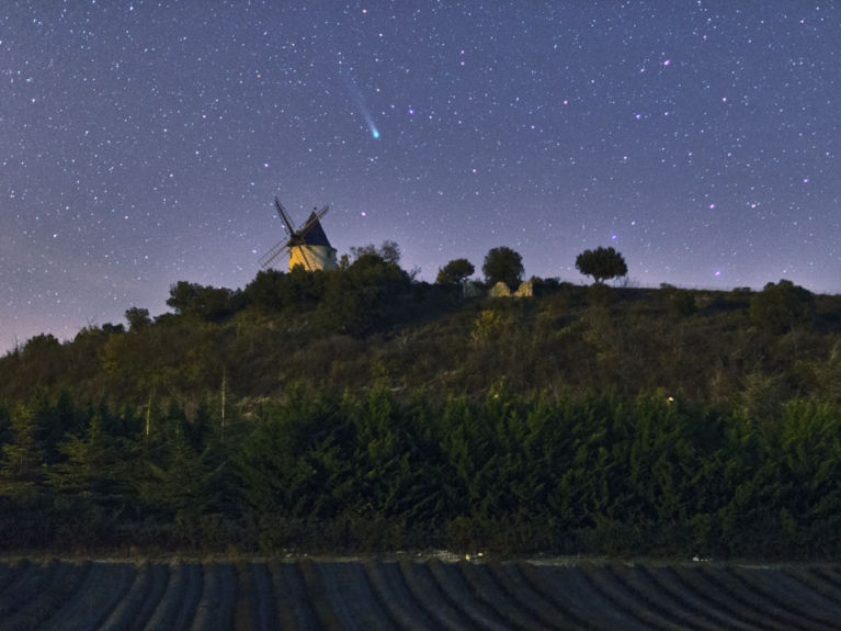  Comet C/2013 R1 (Lovejoy) was imaged above the windmill in Saint-Michel-l'Observatoire in southern France with a six-second exposure. In the foreground is a field of lavender. Comet Lovejoy  should remain available for photo opportunities for northern observers during much of December.