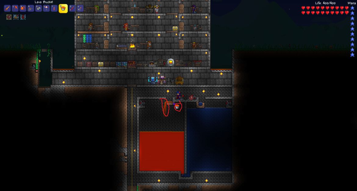 Here you can see that the lava is flowing, but you still have a full bucket. <br />
Repeat until the tank is as full as you would like.