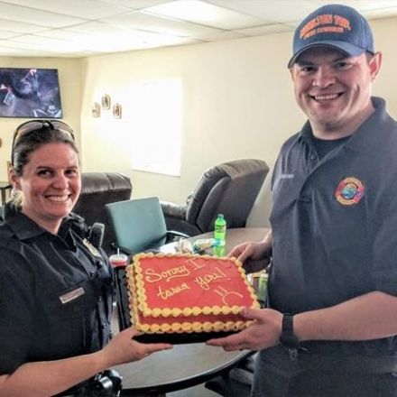 Officer gives firefighter apology cake: 'Sorry I tased you'