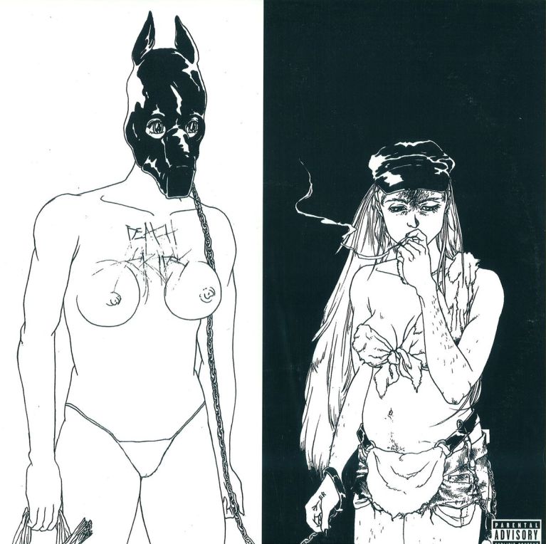 The album cover depicts an androgynous masochist with "Death Grips" carved into their chest on the leash of a smoking female sadist. The image is painted by Sua Yoo, an artist with whom Death Grips had worked in the past.