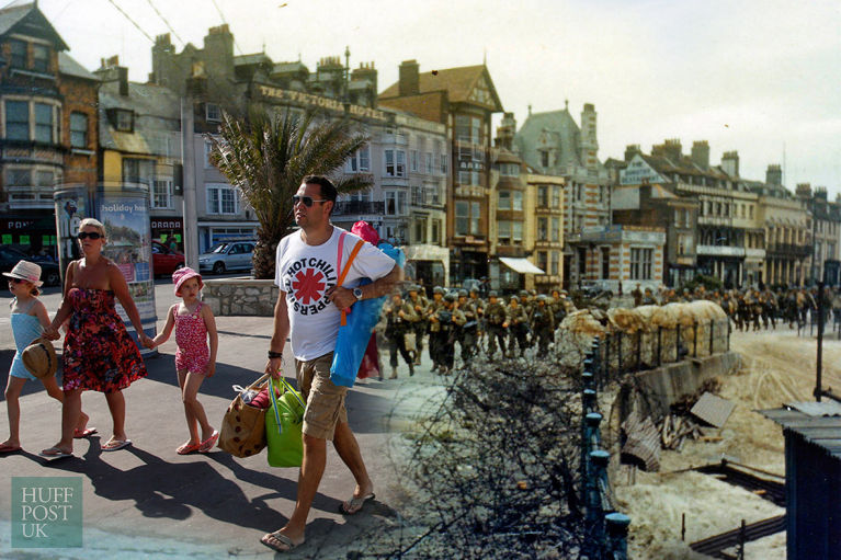 In 2014, tourists stroll by where the 2nd Battalion US Army Rangers once marched to their landing craft in Weymouth, England June 5, 1944.